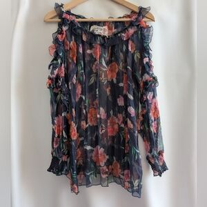 Johnny Was Love Silk Black  Pink Floral Ruffle Sheer Blouse Cold Shoulder - XS